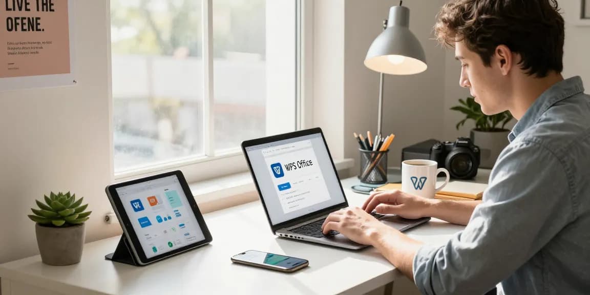 Focused young professional downloading WPS Download on a sleek laptop in a modern home office.