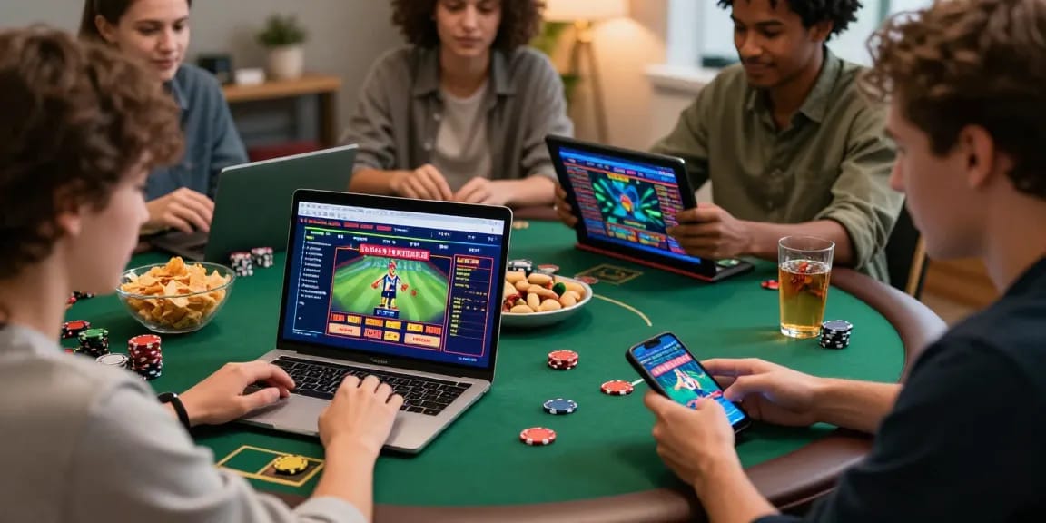Engaging friends gamble online in Canada, enjoying casino games, sports betting, and poker together in a cozy room.