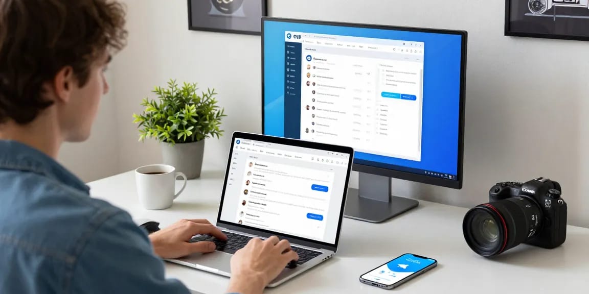 Engaging user utilizing Telegram Web Version in a modern workspace.