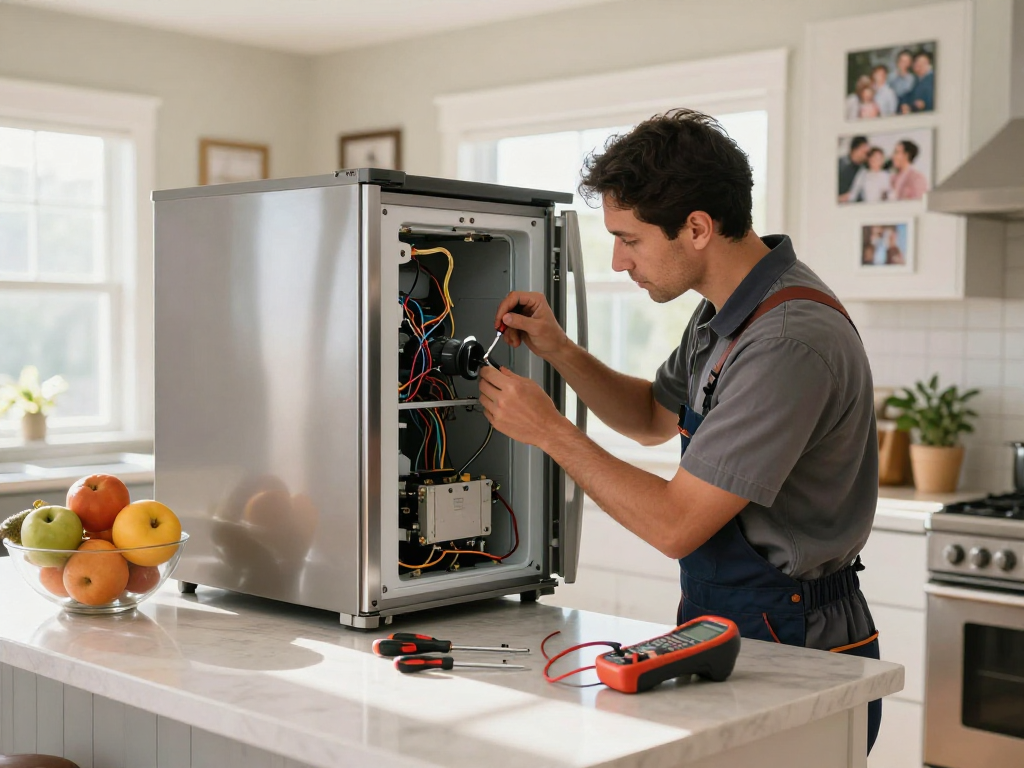 Expert appliance repair Newmarket technician fixing a refrigerator in a bright kitchen.