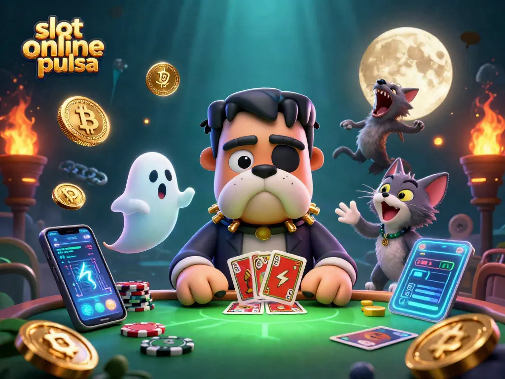 Experience thrilling gameplay with slot online pulsa as Frankenstein bulldog deals cards surrounded by digital coins.