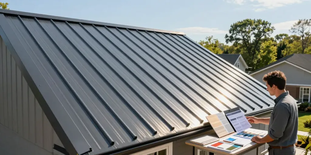Premium Metal Roofing showcased on a modern home with a homeowner discussing options with an installer.