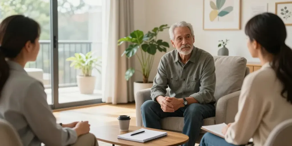 Trauma therapy for veterans in a peaceful consultation room emphasizing comfort and connection.