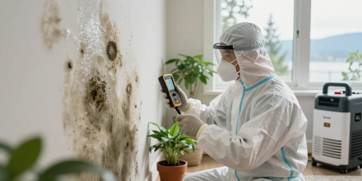 Mold Remediation Vancouver technician inspecting a home for mold with HEPA air filtration setup and moisture meter.
