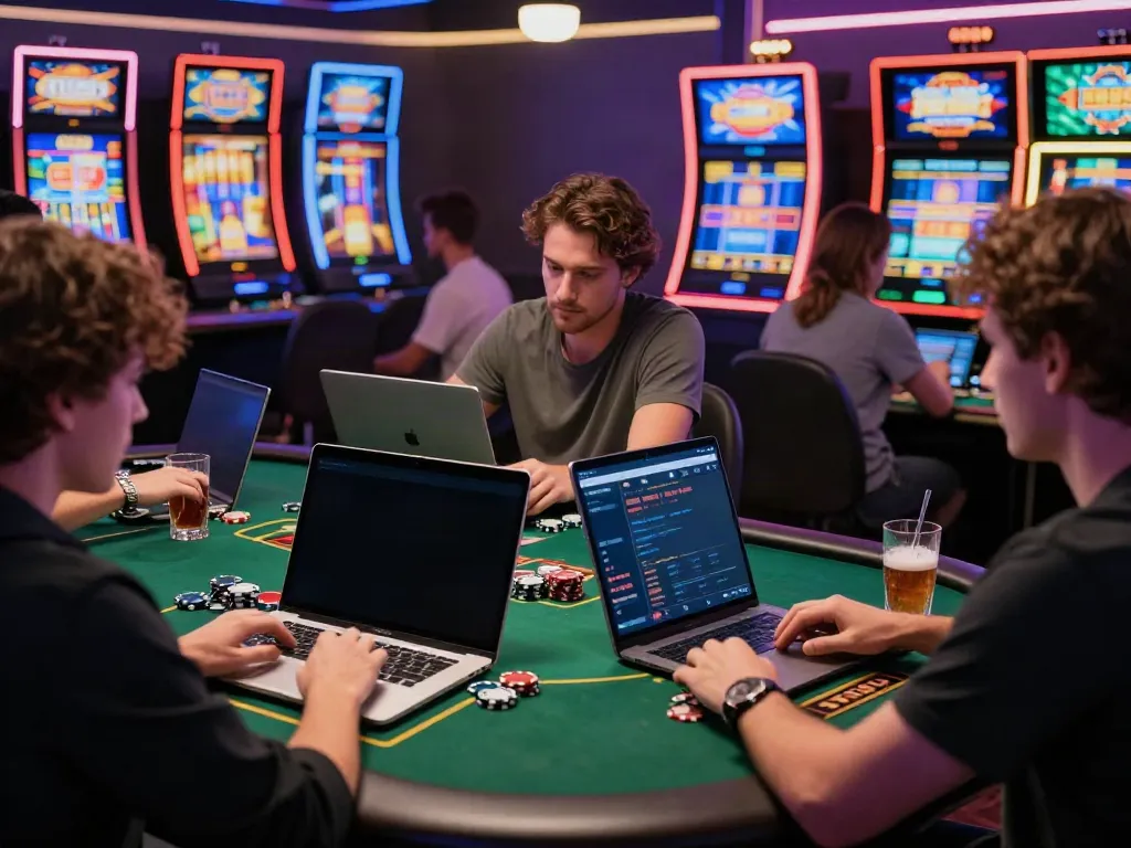 Engaged players at an online casino setting focused on gaming experiences at https://uk88win.org/ with modern tech and vibrant atmosphere.