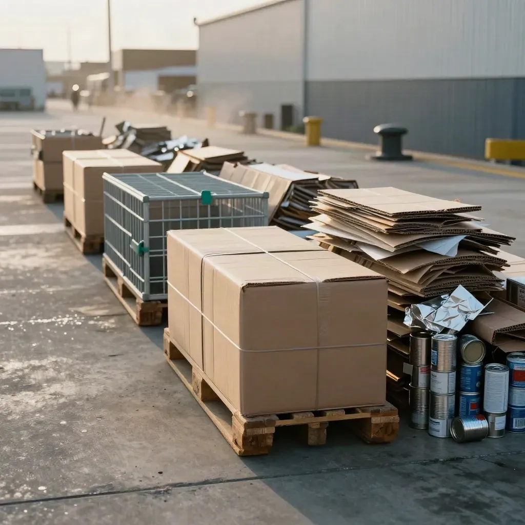 Cardboard bales and an audit pile beside a waste cage on a municipal dock.