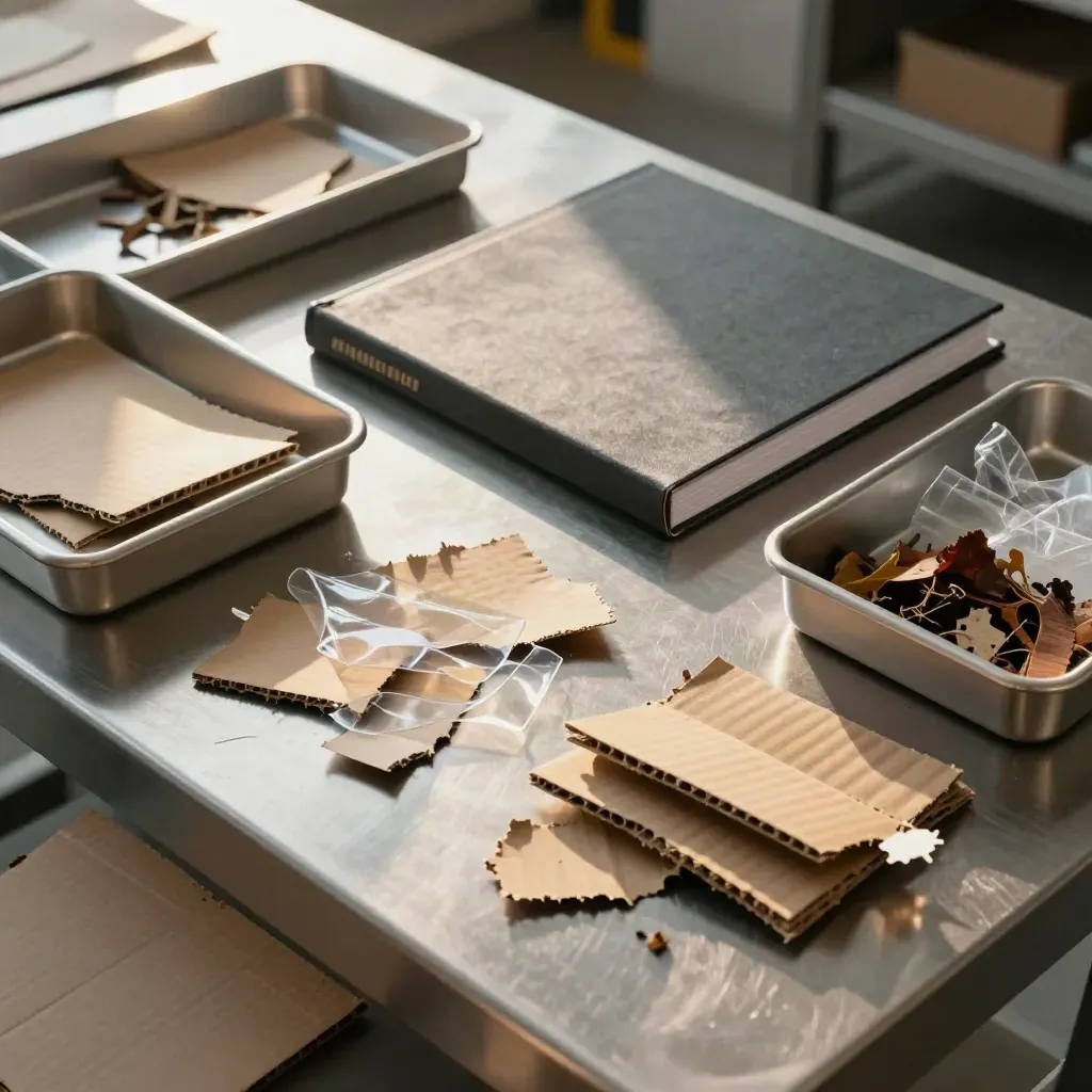 Top-down audit trays with paperboard, film plastic, organics and a closed site binder on steel.