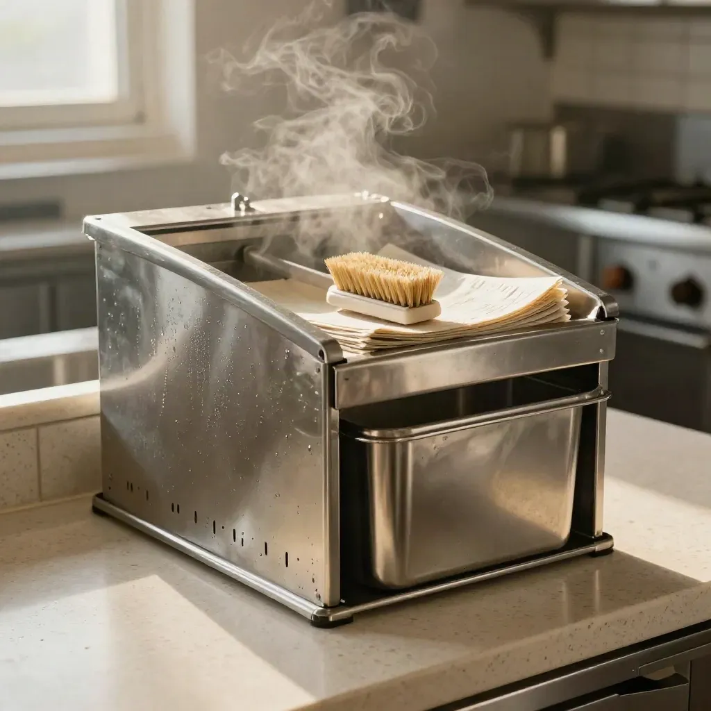 Stainless compost station with vented caddy, fiber liners, brush, and lidded organics bin in soft haze.