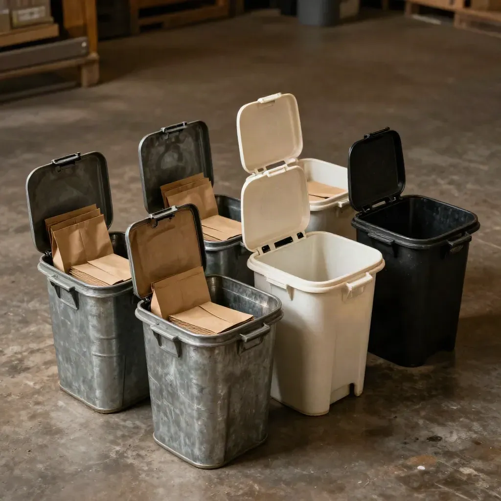 Overhead view of four open waste bins on a warehouse floor with sample bags and dust
