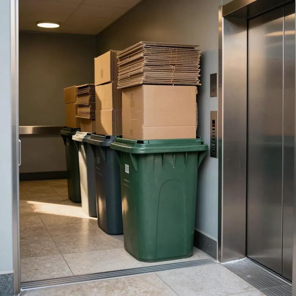 Toronto tower waste room with bins, cardboard, and a service elevator in soft winter light.