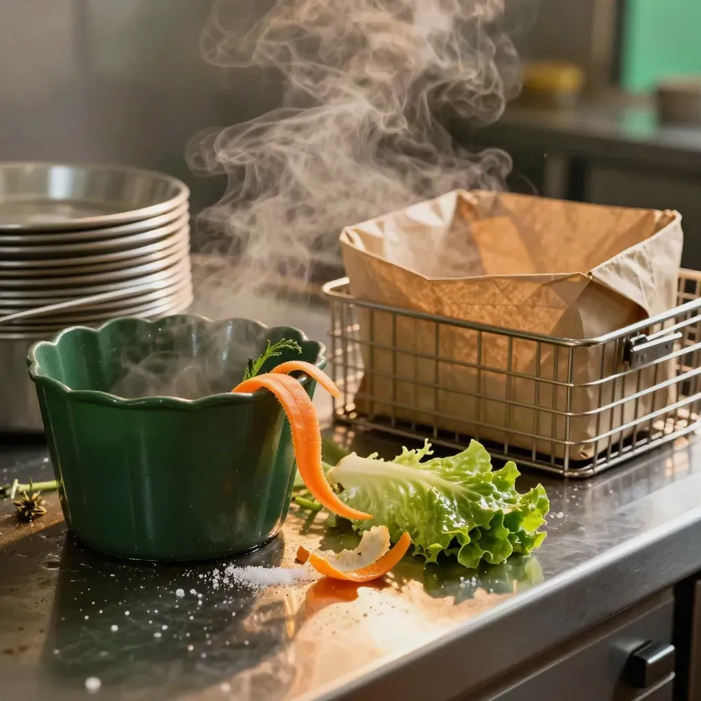 Macro of compost scraps, sheet pans, and produce crates at a restaurant pass