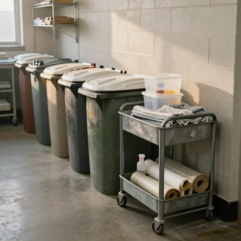 Campus sort room with bins, lab tubs, and janitor cart in a clean diagonal view.