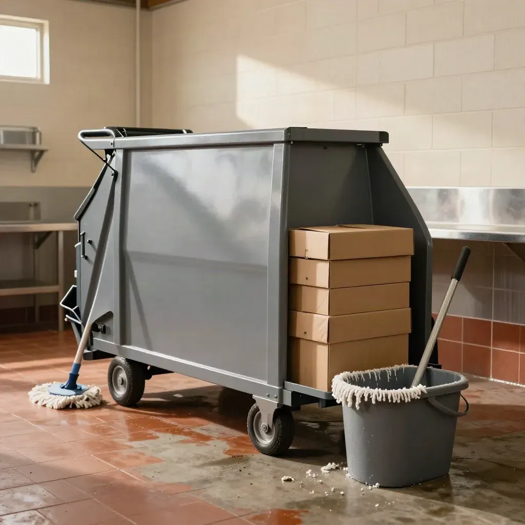 Slate-gray compost cart, liner boxes and mop bucket in a food-service back room.