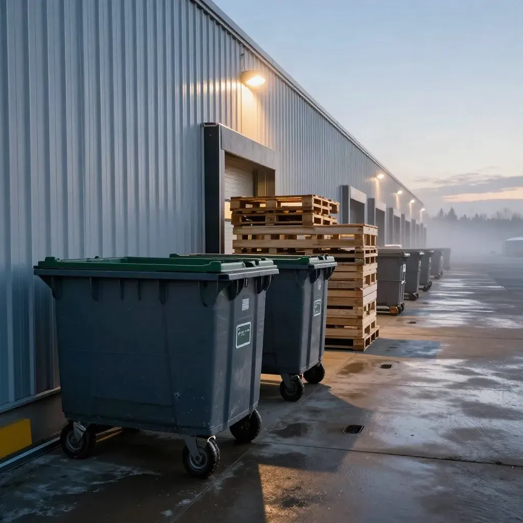 Blue-hour Calgary loading dock with bins, pallets, and corrugated metal walls.