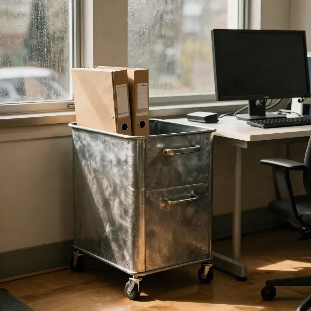 Waste cart, binder, and turned-away monitor by rain-wet windows in a cozy operations nook