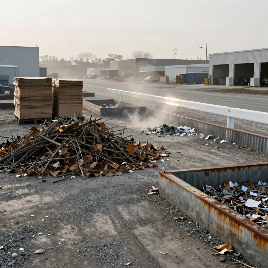 Windy municipal depot with yard waste, cardboard stacks, and mixed-debris bays on gravel.