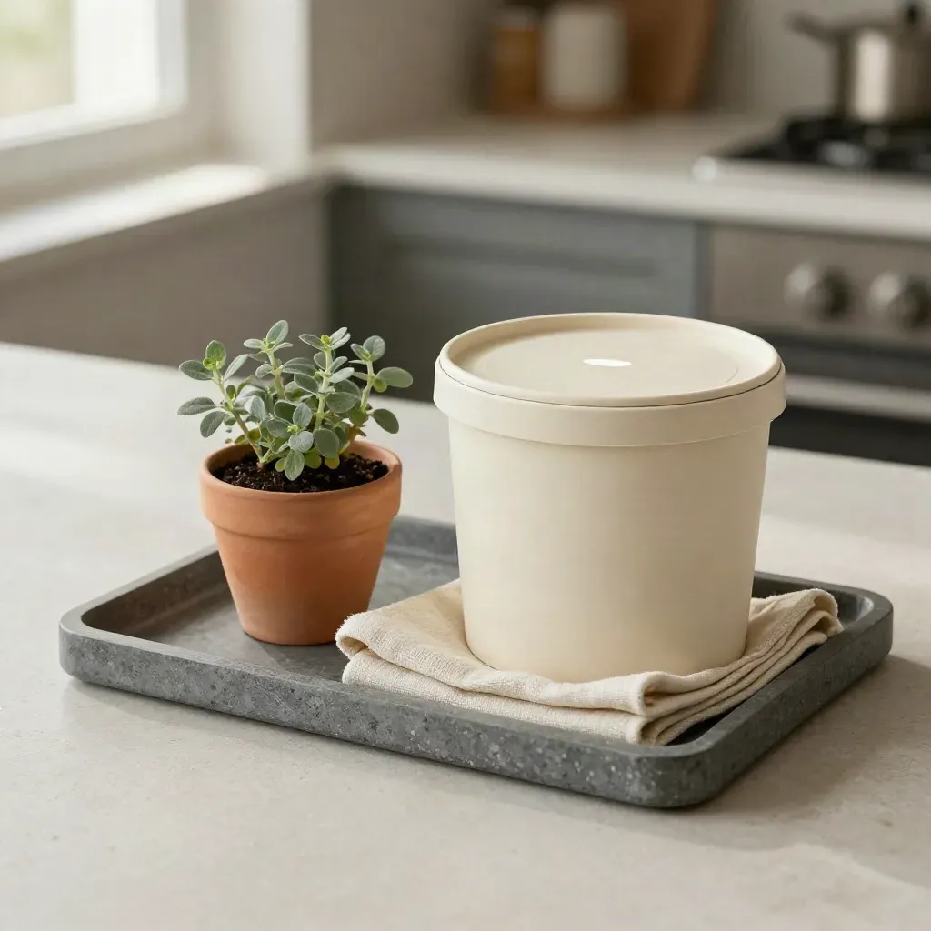 Compost caddy with herb and folded cloth on a stone tray in warm window light.