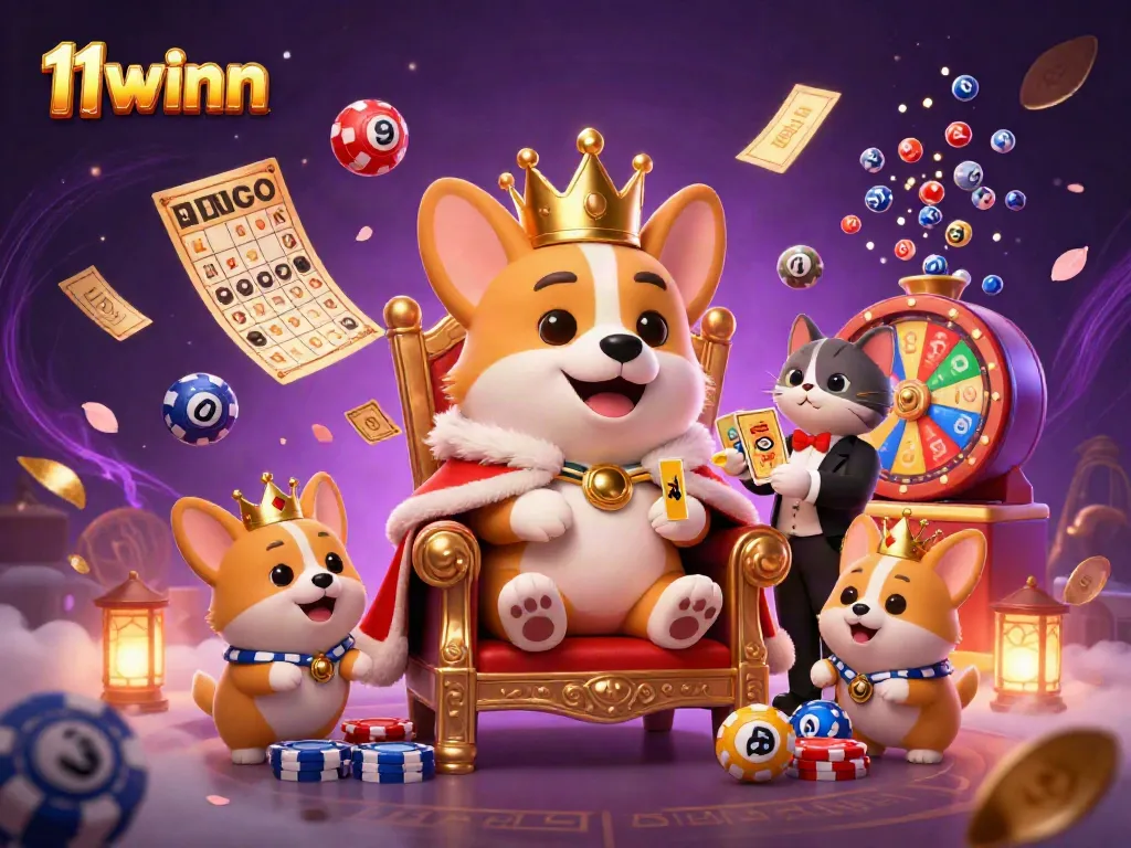Engaging scene showing the vibrant 11winn royal corgi hosting a lively casino game atmosphere with colorful elements.