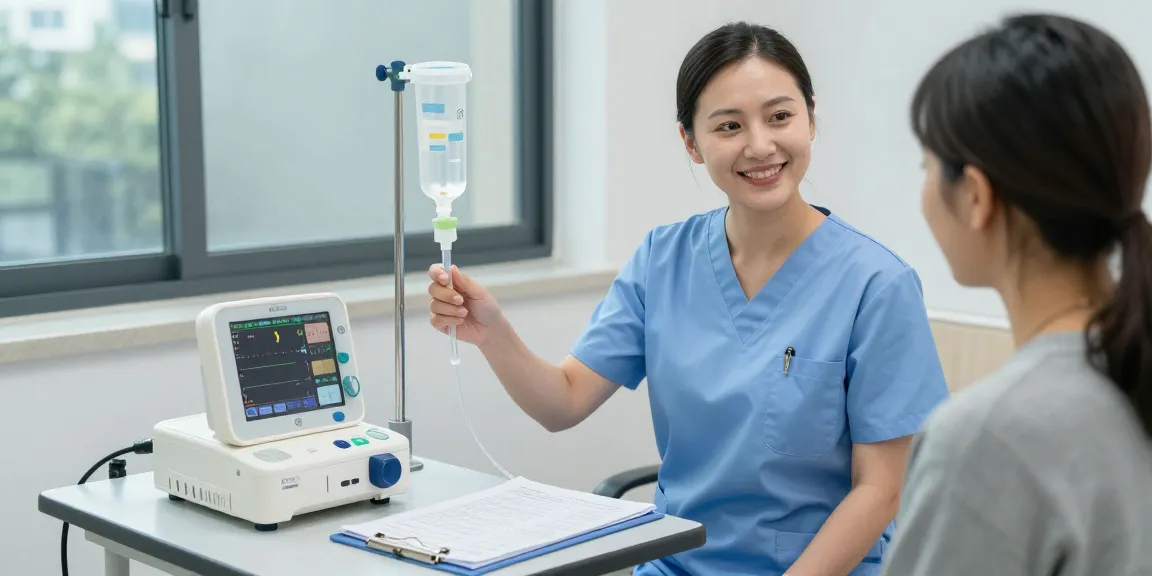 Healthcare professional adjusts a feeding tube machine, providing compassionate care to a patient in a bright, welcoming environment.