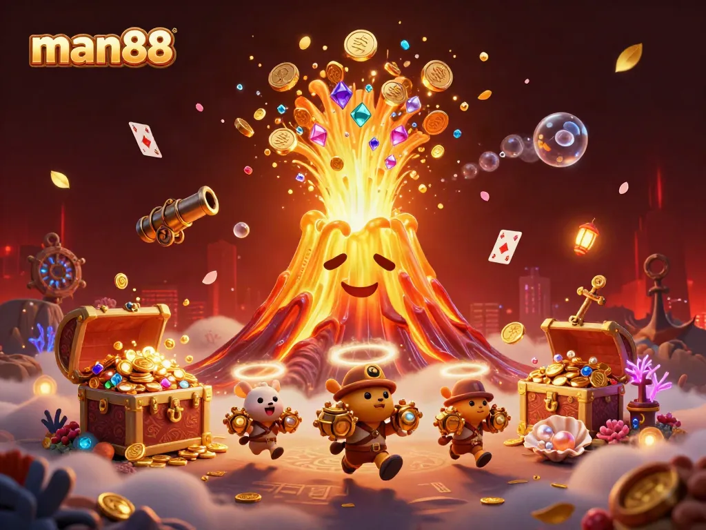 Engage in thrilling adventures with man88's exciting 3D treasure-filled casino illustration.