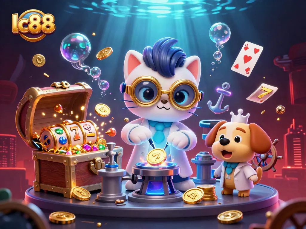Engage with lc88's thrilling slots experience as the mad scientist and dog celebrate a jackpot in style.