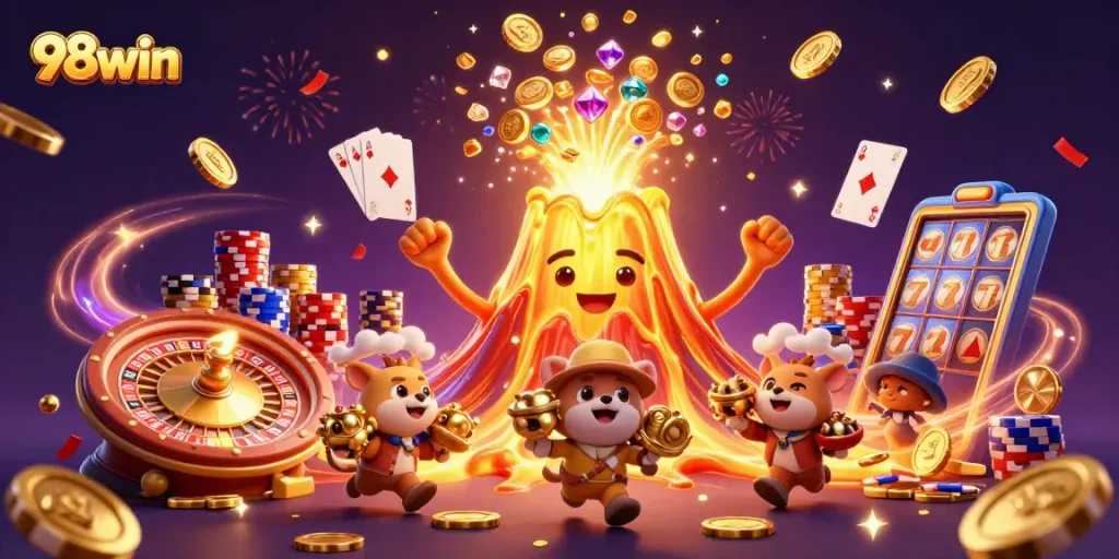 Experience the excitement of 98win with golden treasures and dazzling casino elements.