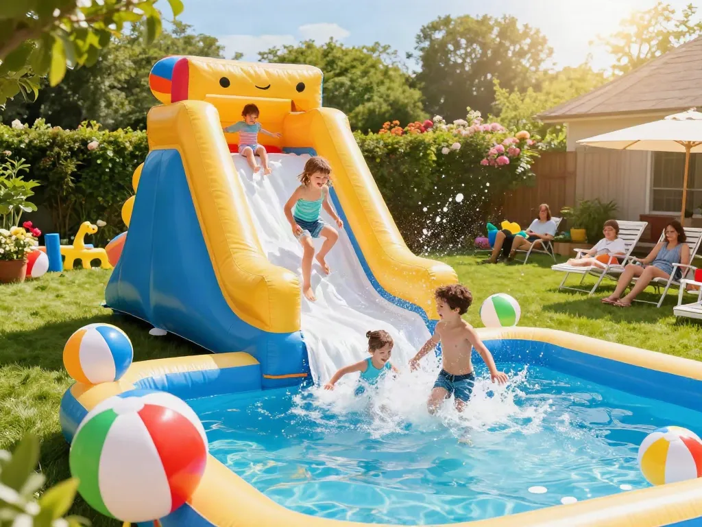 Kids enjoying a slide water slide in a sunny backyard setting, surrounded by fun inflatable toys.