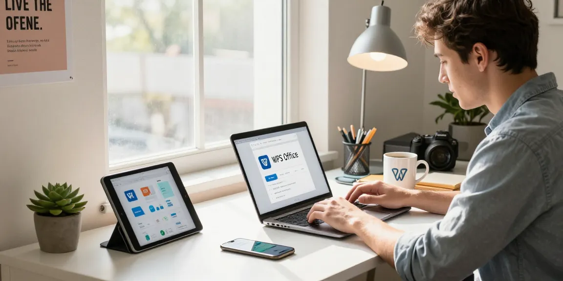 Focused young professional downloading WPS Download on a sleek laptop in a modern home office.